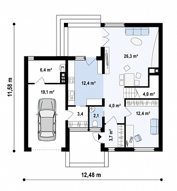 Проект современного двухэтажного дома из газобетона с четырьмя спальнями, кабинетом и пристроенным гаражом / План 1 этажа