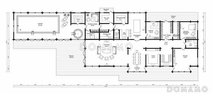 Проект двухэтажного дома мз клееного бруса с бассейном, джакузи, зоной отдыха, сауной, постирочной и душевой комнатой / План 1 этажа