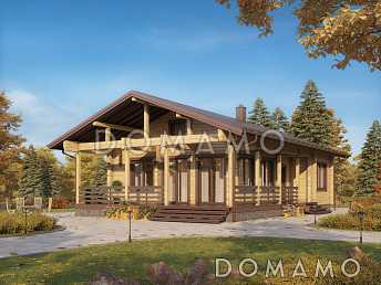 Проект дома из бруса с двумя спальнями и большой угловой террасой