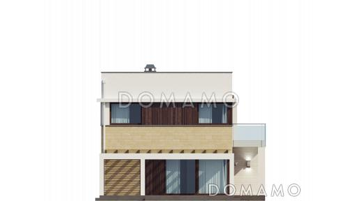 Проект современного двухэтажного дома из кирпича с плоской крышей с кабинетом, гаражом и крытыми террасами на обоих уровнях, адаптированный для сейсмозоны / Фасад 1