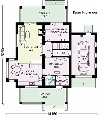 Проект двухэтажного газобетонного дома с гаражом,, масштабным остеклением и двумя террасами / План 1 этажа