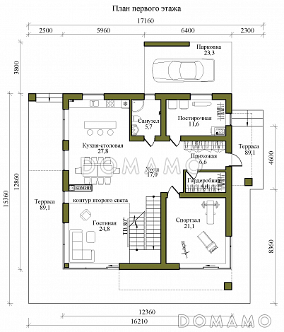 Проект двухэтажного газобетонного дома в стиле хай-тек с масштабным остеклением, вторым светом и спортзалом / План 1 этажа