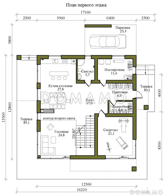 Проект двухэтажного газобетонного дома в стиле хай-тек с масштабным остеклением, вторым светом и спортзалом / План 1 этажа