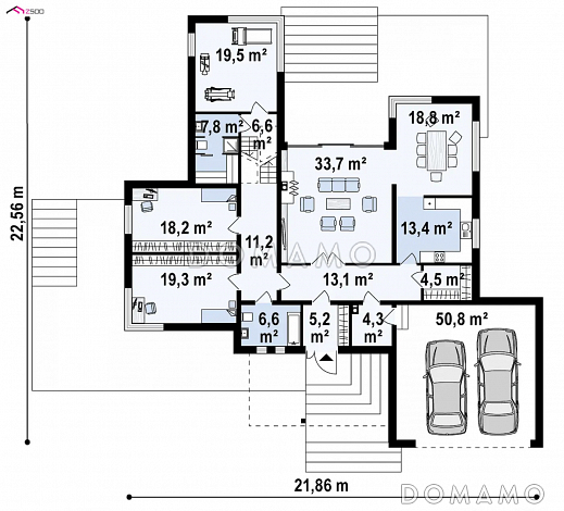 Проект современного трёхуровнего дома из газобетона с плоской крышей, с большим гаражом, спортзалом и сауной  / План 1 этажа