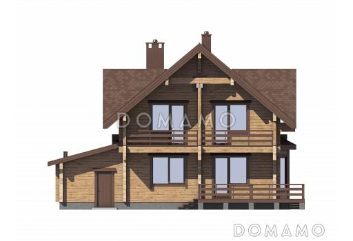 Проект двухэтажного деревянного дома с двумя террасами и гаражом на 1 автомобиль / Фасад 4