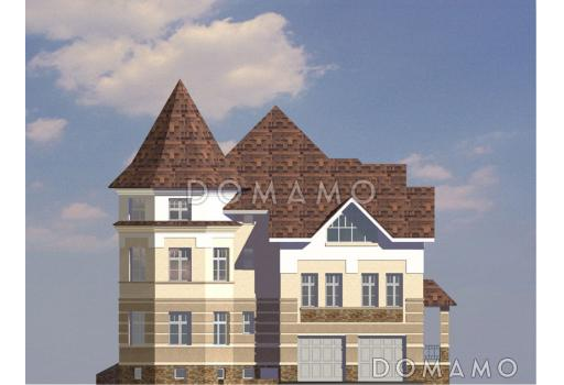 Проект дома из кирпича с необычной в плане каминной комнатой / Фасад 1