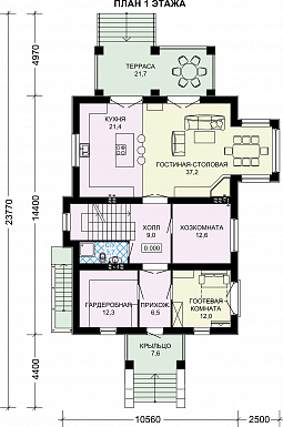 Проект дома из газобетона с просторным балконом на втором этаже / План 1 этажа