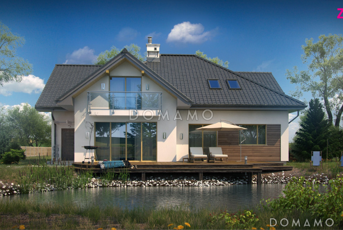 Проект просторного одноэтажного мансардного коттеджа из газобетона с пятью спальнями и гаражом на два автомобиля