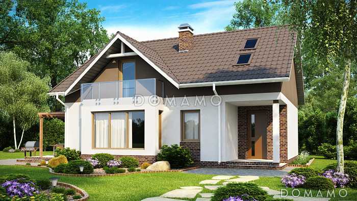 Проект дома с террасой, балконом, мансардными окнами, эркером в гостиной