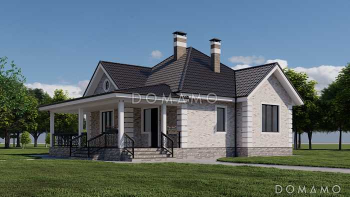 Проект одноэтажного газобетонного дома с двумя спальнями и просторной террасой