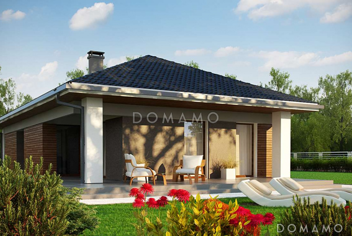 Проект простого комфортного одноэтажного дома из кирпича с тремя спальнями