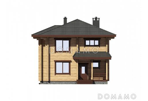 Проект двухэтажного дома из бруса с пятью комнатами, эркером и крытой террасой / Фасад 1