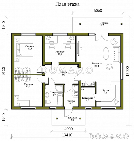 Проект одноэтажного каркасного дома с просторной гостиной, двумя спальнями и кабинетом / План 1 этажа