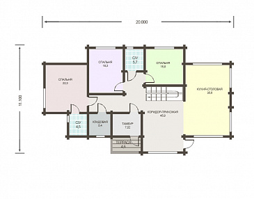 Проект дома из клееного бруса с мансардным окном / План 1 этажа