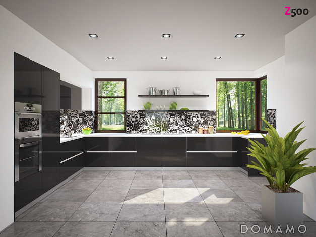 Проект современного двухэтажного дома из кирпича в стиле модерн с пятью спальнями, с гаражом, угловой террасой и балконом над ней