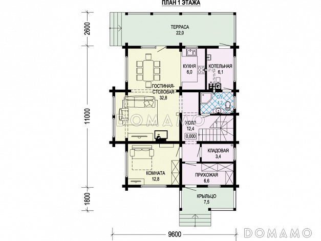 Проект двухэтажного дома из бруса с пятью комнатами, эркером и крытой террасой / План 1 этажа