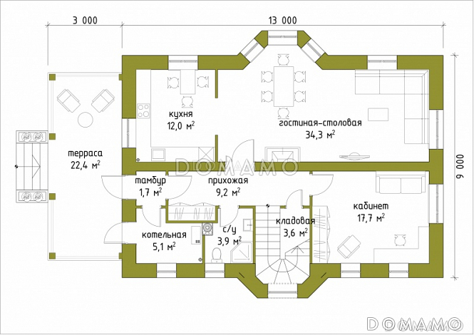 Проект коттеджа с большой террасой и французскими окнами / План 1 этажа
