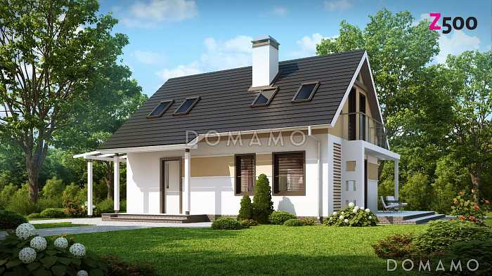 Проект одноэтажного мансардного дома из кирпича с балконом и навесом для автомобиля