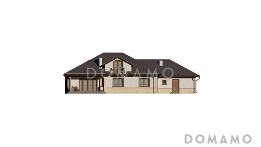 Проект одноэтажного дома из газобетона с мансардой и балконом и гаражом на два автомобиля / Фасад 2