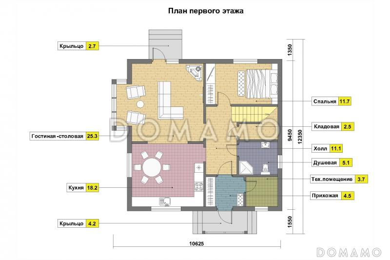 Проект каркасного дома с эркером и спальней на первом этаже / План 1 этажа