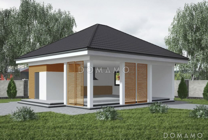 Проект просторной классической беседки с кухней и кладовой