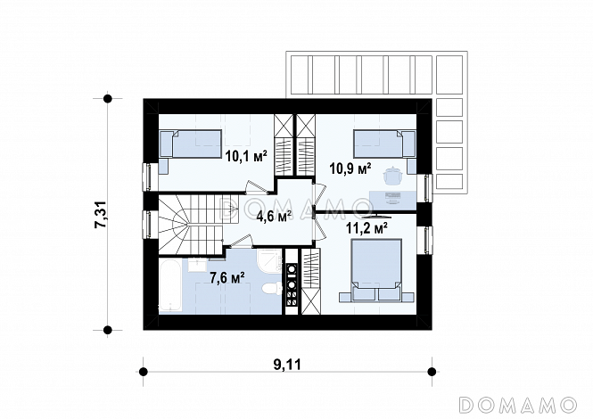 Проект компактного одноэтажного мансардного дома из газобетона с кабинетом на первом этаже и тремя спальнями на мансарде / План мансардного этажа