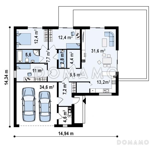 Проект углового одноэтажного дома из кирпича с облицовкой деревянной вагонкой и с гаражом на два автомобиля / План 1 этажа