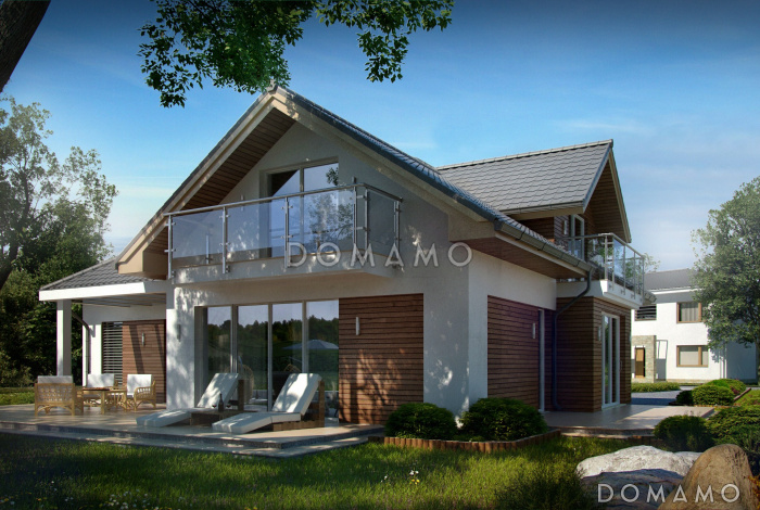 Проект просторного одноэтажного мансардного коттеджа из кирпича с гостевой спальней на первом этаже, кабинетом и гаражом