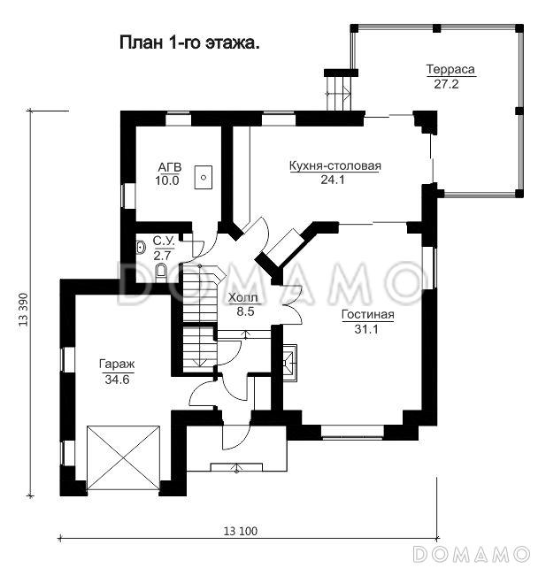 Проект кирпичного дома с мансардой / План 1 этажа
