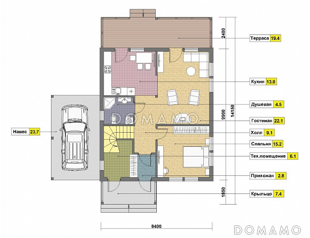 Проект дома в скандинавском стиле с просторной кухней / План 1 этажа