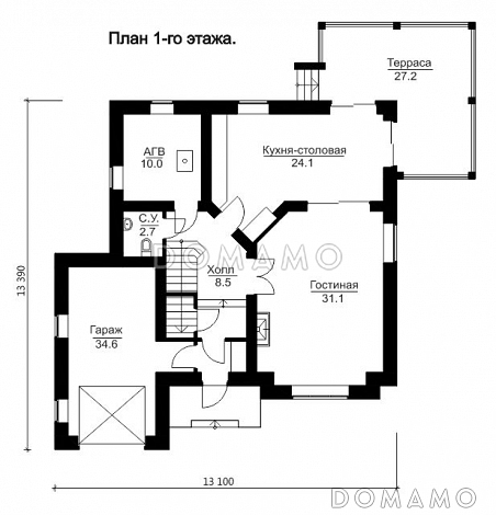 Проект кирпичного дома с мансардой / План 1 этажа