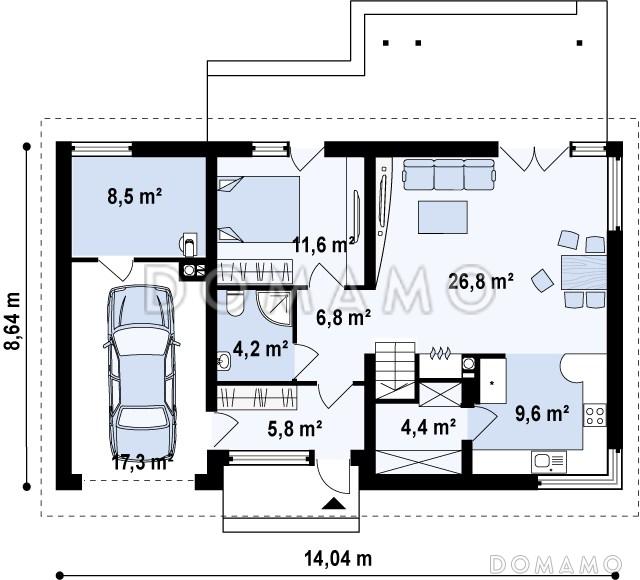 Проект одноэтажного мансардного дома из кирпича с встроенным гаражом / План 1 этажа