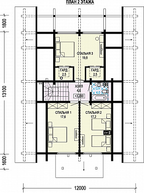 Проект дома из бруса с 4 спальнями, кабинетом и сауной / План мансардного этажа