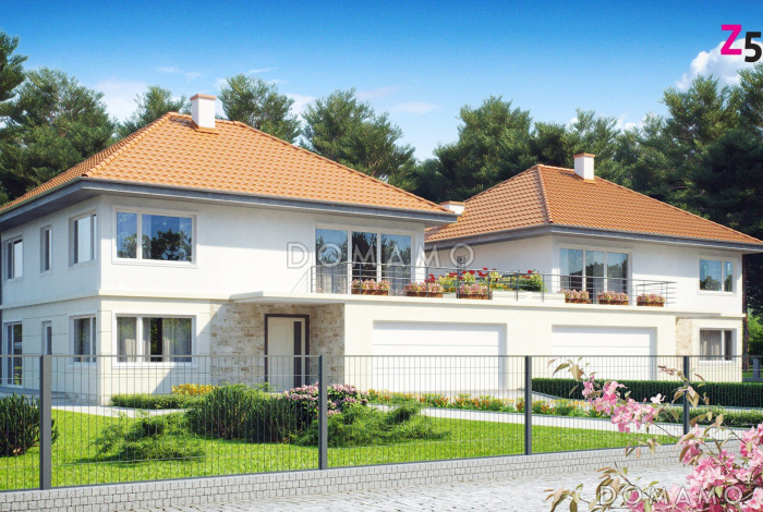 Проект двухэтажных домов-близнецов из кирпича с открытой террасой над большим гаражом