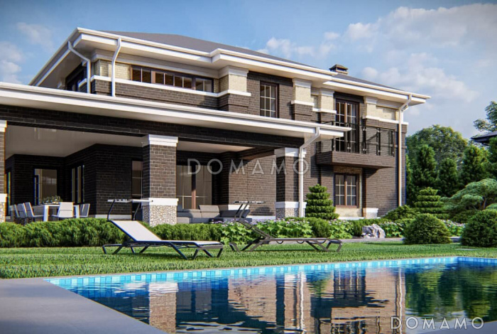 Проект двухэтажного дома с крытой террасой, гаражом, большой кухней и гостиной,  балконами, спальней на первом этаже