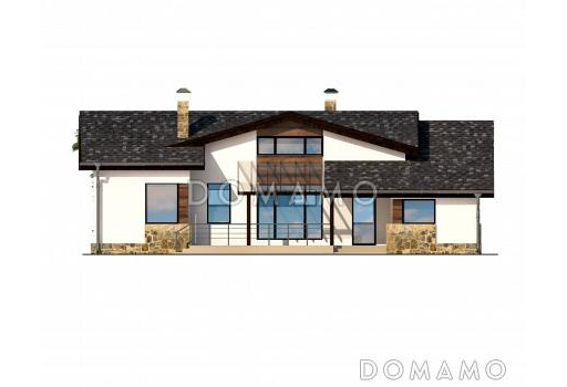 Проект одноэтажного дома из SIP панелей с большой крытой террасой, тремя спальнями, кузней с окном, чердаком / Фасад 3