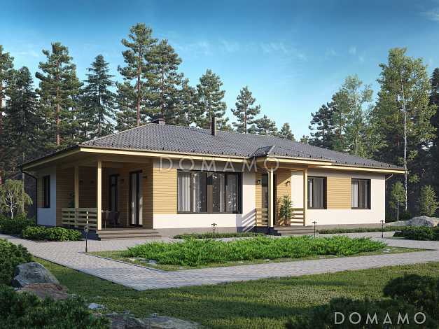 Проект одноэтажного кирпичного дома с тремя спальнями и сауной