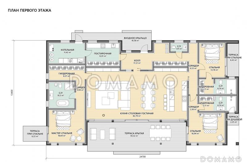 Проект одноэтажного дома из газобетона в стиле барнхаус с деревянной облицовкой и панорамными окнами / План 1 этажа