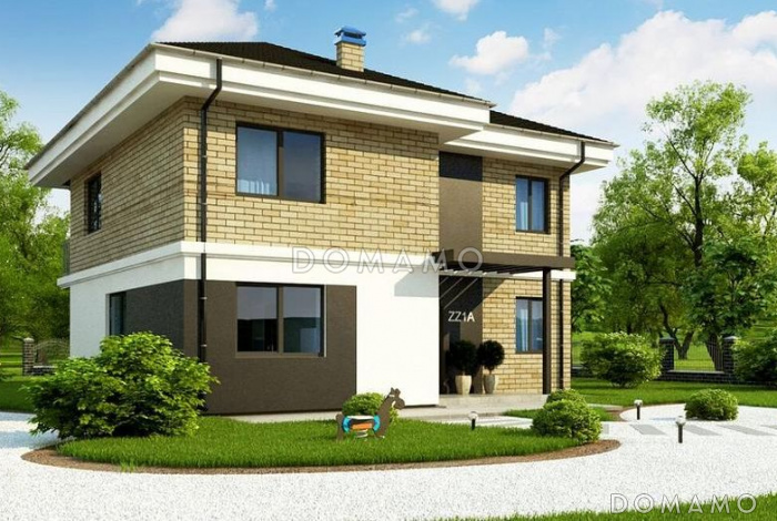 Проект дома с террасой и балконом, кладовыми, просторной ванной с окном на втором этаже