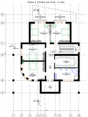 Проект дома с пятью спальнями, открытой планировкой дневной зоны с закругленным углом / План 2 этажа