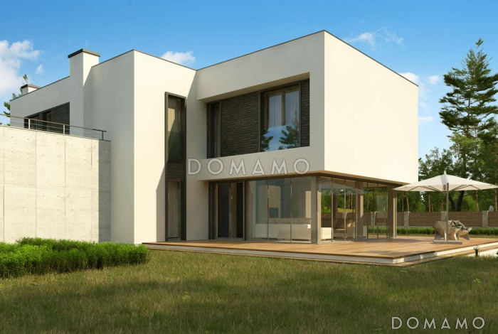 Проект современного двухэтажного дома из газобетона с плоской крышей с гаражом для двух автомобилей и террасами на обоих уровнях