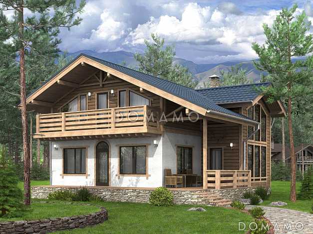 Проект современного каркасного дома с двумя террасами