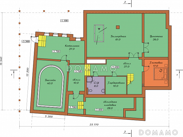 Проект двухэтажного коттеджа с мансардой, цоколем, бассейном и зимним садом / План цокольного этажа