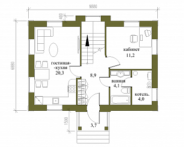 Проект компактного кирпичного коттеджа с парадным входом / План 1 этажа