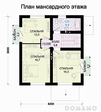 Проект дома из пеноблоков с просторной гостиной и двумя балконами / План мансардного этажа
