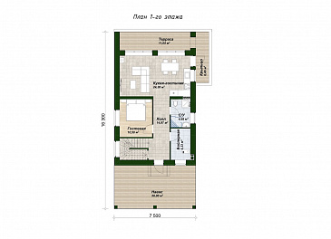 Проект двухэтажного дома из газобетона в стиле барнхаус с навесом для автомобиля и вторым светом / План 1 этажа