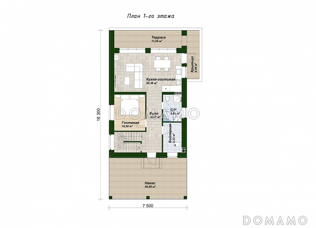 Проект двухэтажного дома из газобетона в стиле барнхаус с навесом для автомобиля и вторым светом / План 1 этажа