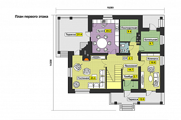 Проект оригинального загородного дома в желто-коричневой гамме / План 1 этажа