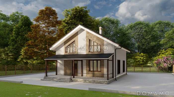 Проект двухэтажного дома с совмещенной кухней-столовой и гостиной, четырьмя спальнями и крытой террасой