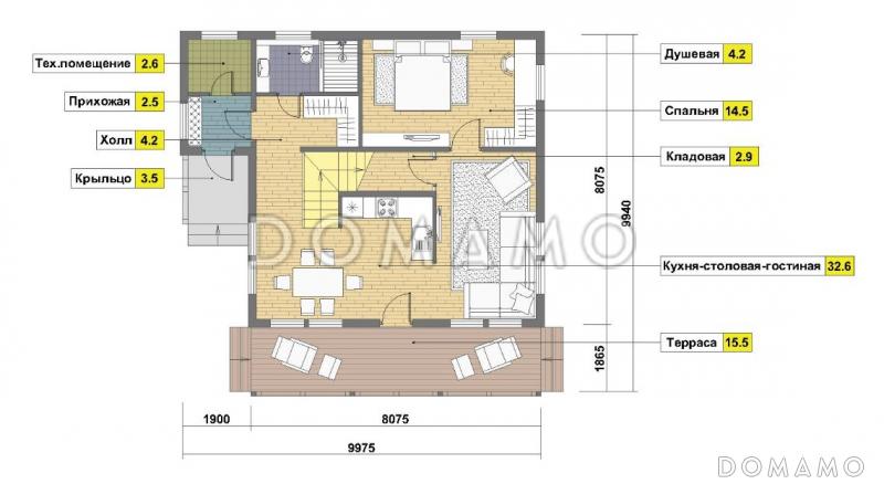 Проект каркасного дома 8х8 / План 1 этажа